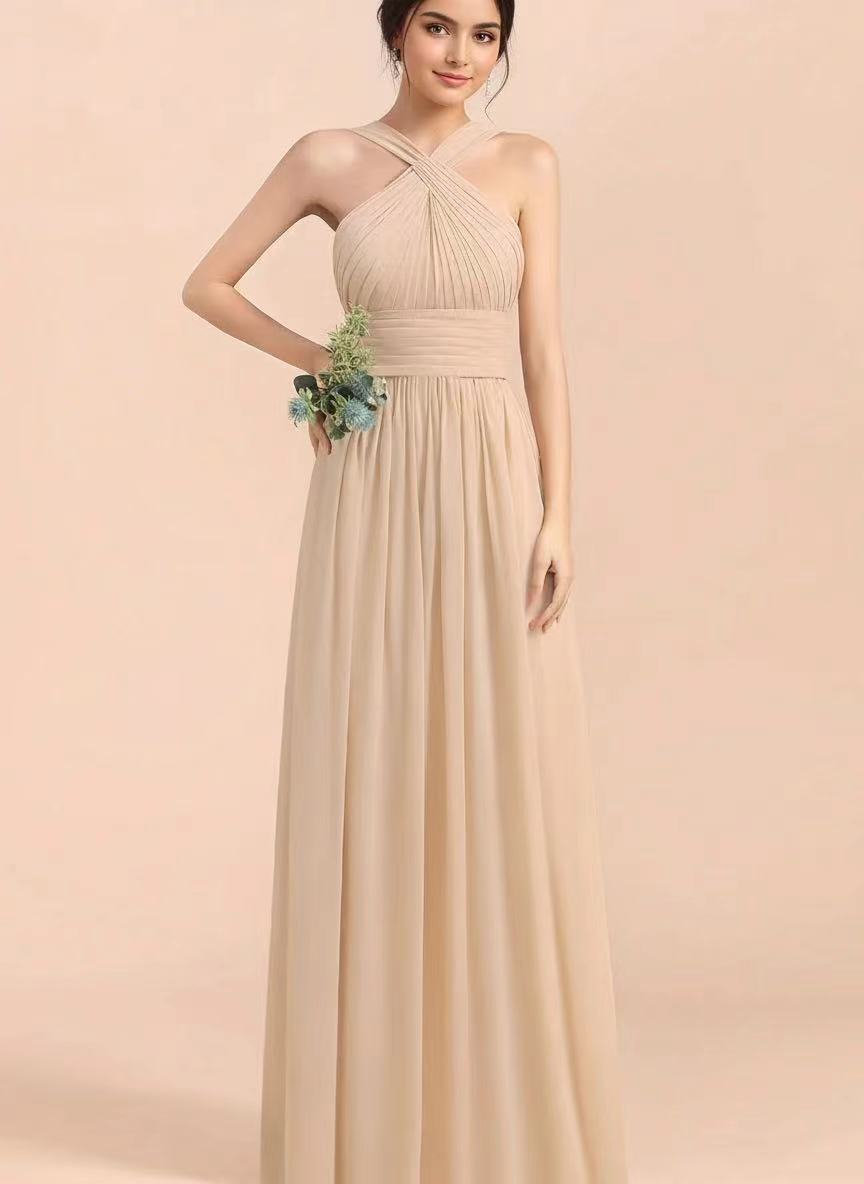Satin sleeveless floor length square shape back bridal party and prom dress