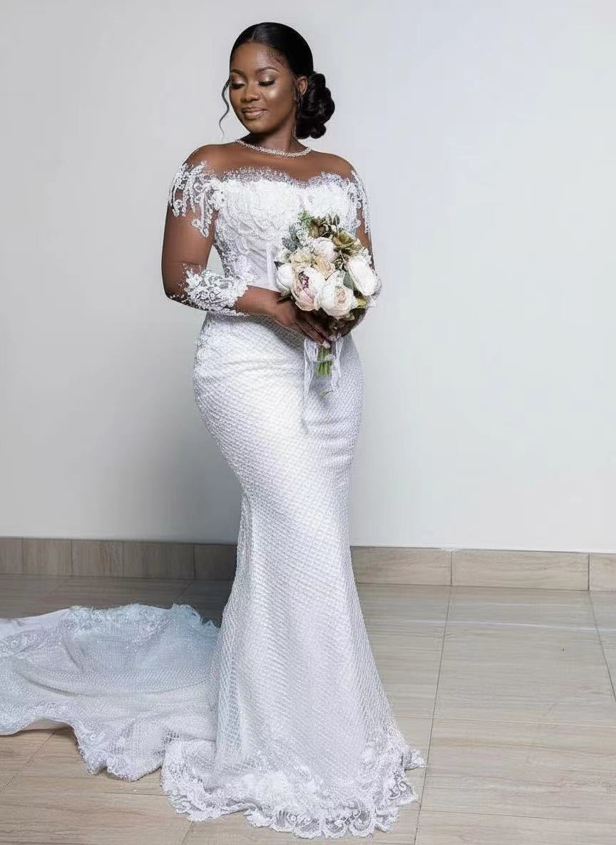 off the shoulder mermaid style chapel length lace bridal dress