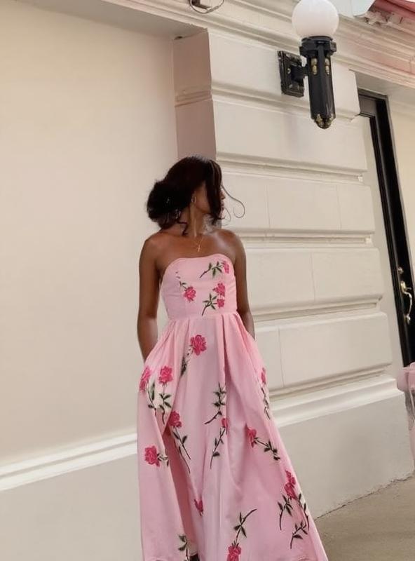 Satin flower imprinted off the shoulder sleeveless floor length party dress