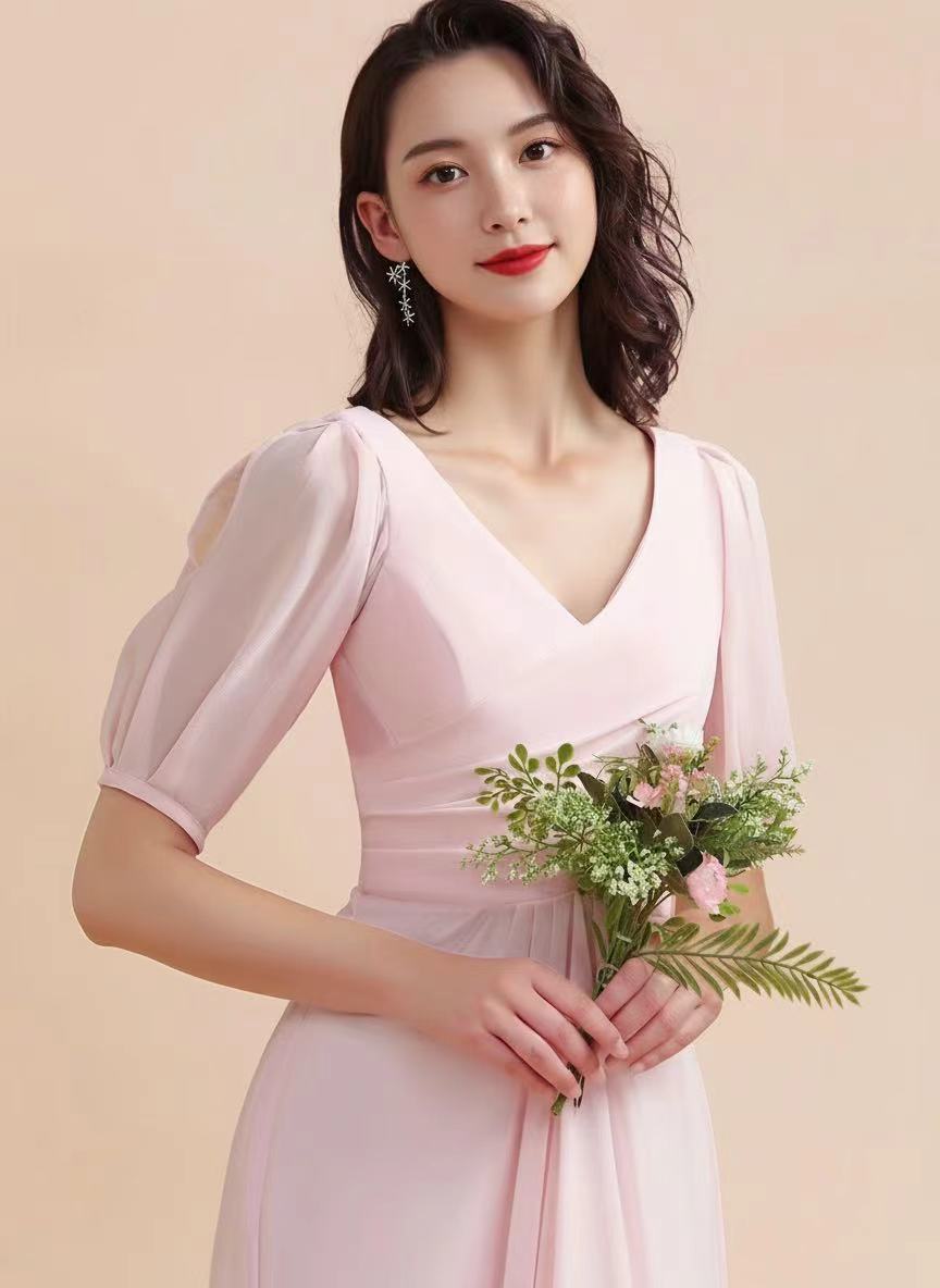 Satin sleeveless floor length V neck bridal party and prom dress pink color