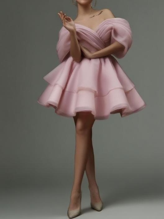 Stunning design Tiered layered sleeveless off the shoulder mini skirt style short prom and party dress