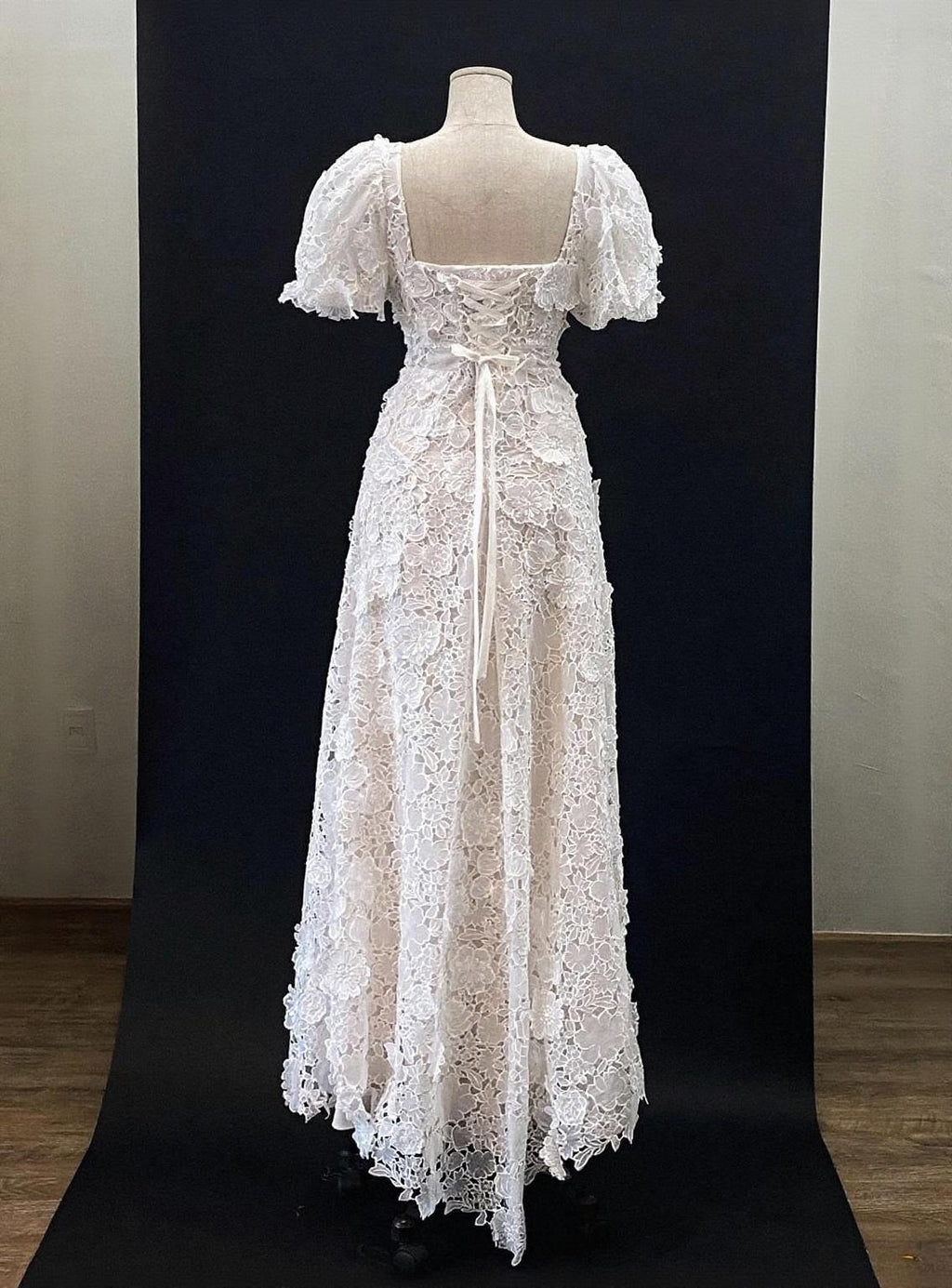 Floral Padded Puff Sleeve Dress Square neck floor length