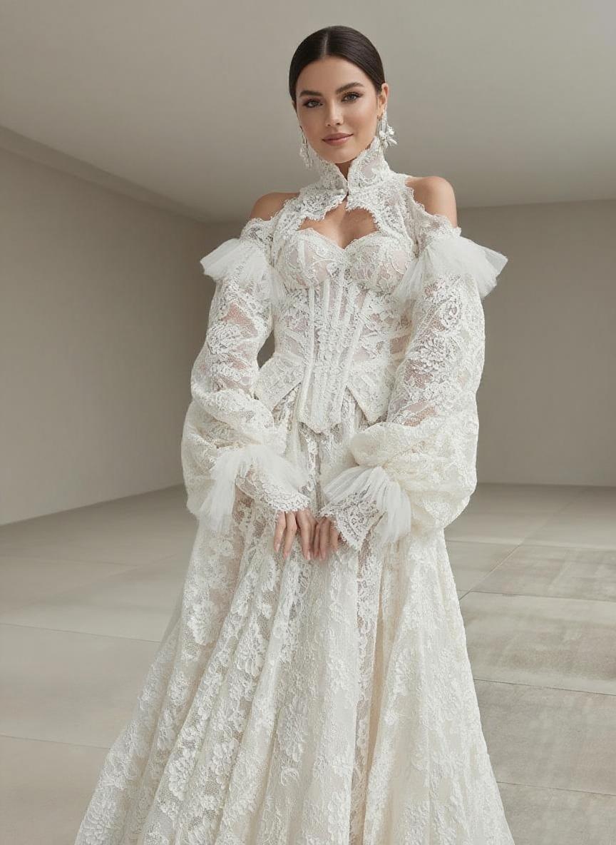 Royal style cathedral length special lacework puff long sleeve high neck bridal dress