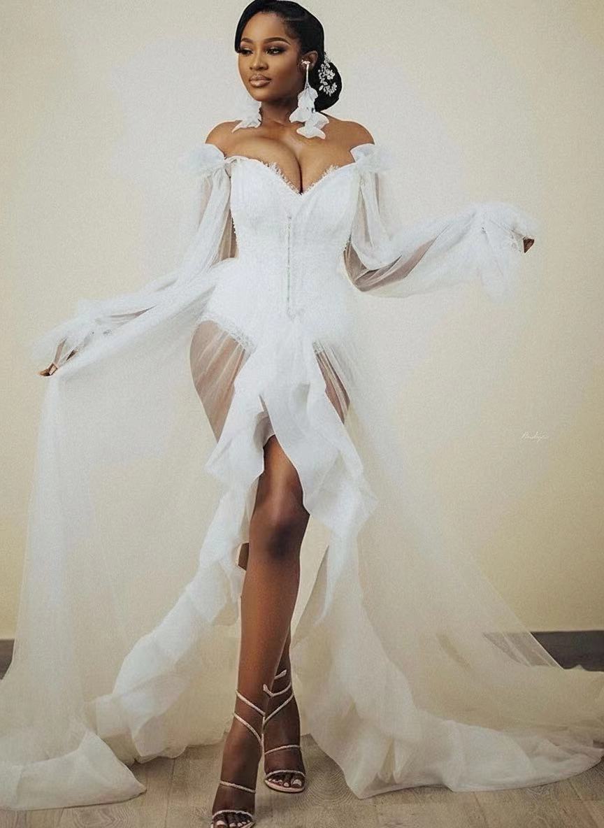 Yarn and organza Off the Shoulder full sleeve V neck gorgeous bridal dress