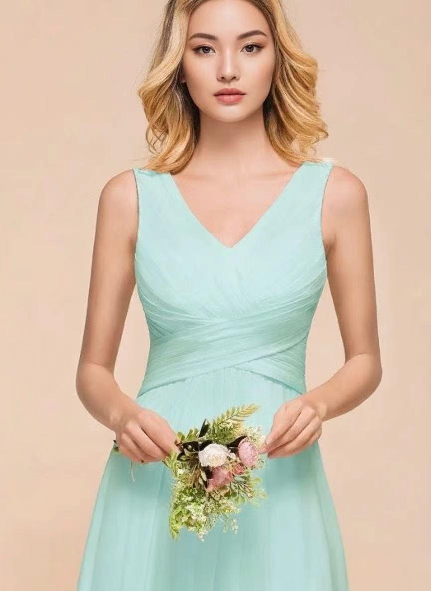 Satin sleeveless floor length V neck bridal party and prom dress