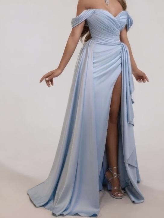 Satin off the shoulder stripes floor length mid-sliced  party dress