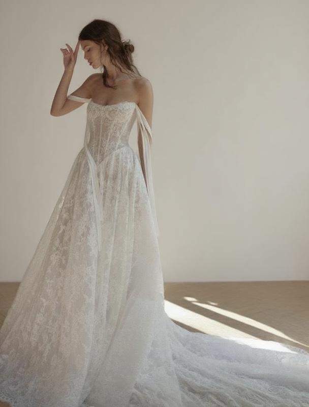 Chapel length off the shoulder floral lace design Bridal excotic dress