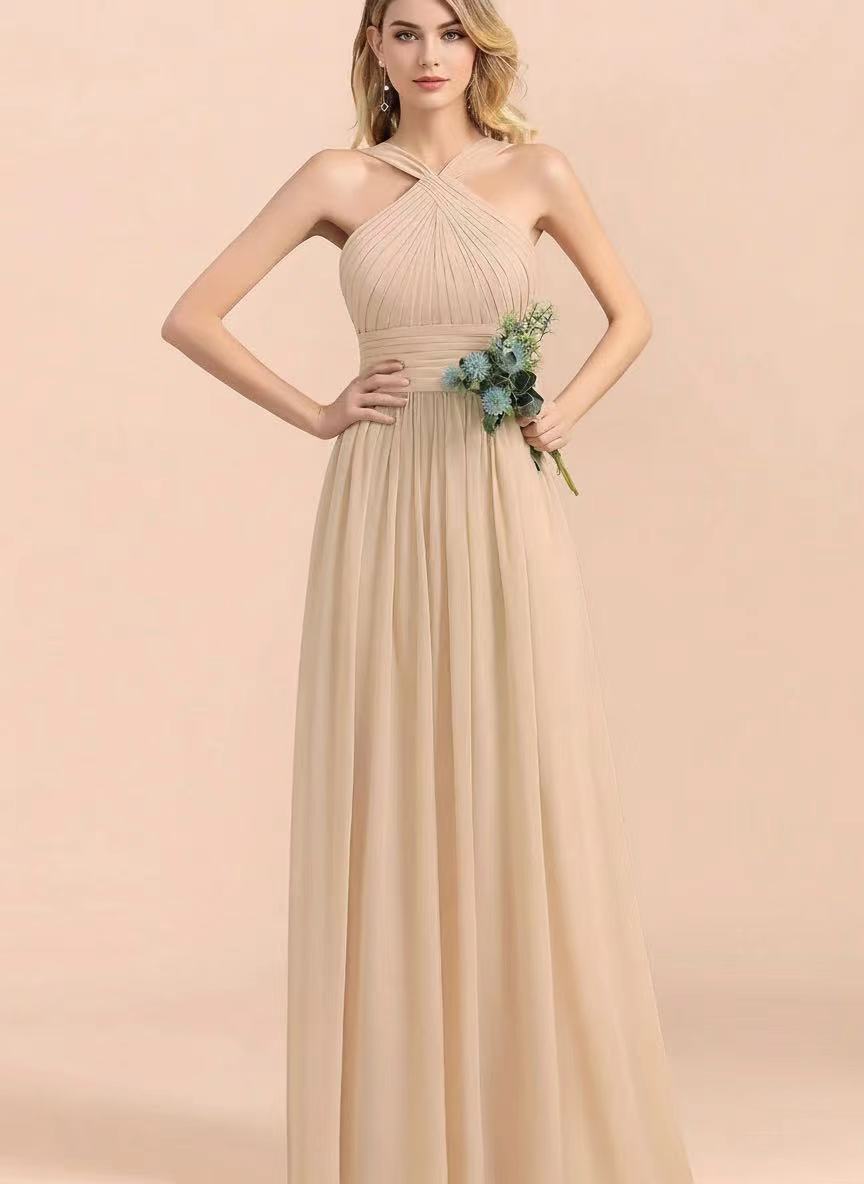 Satin sleeveless floor length square shape back bridal party and prom dress