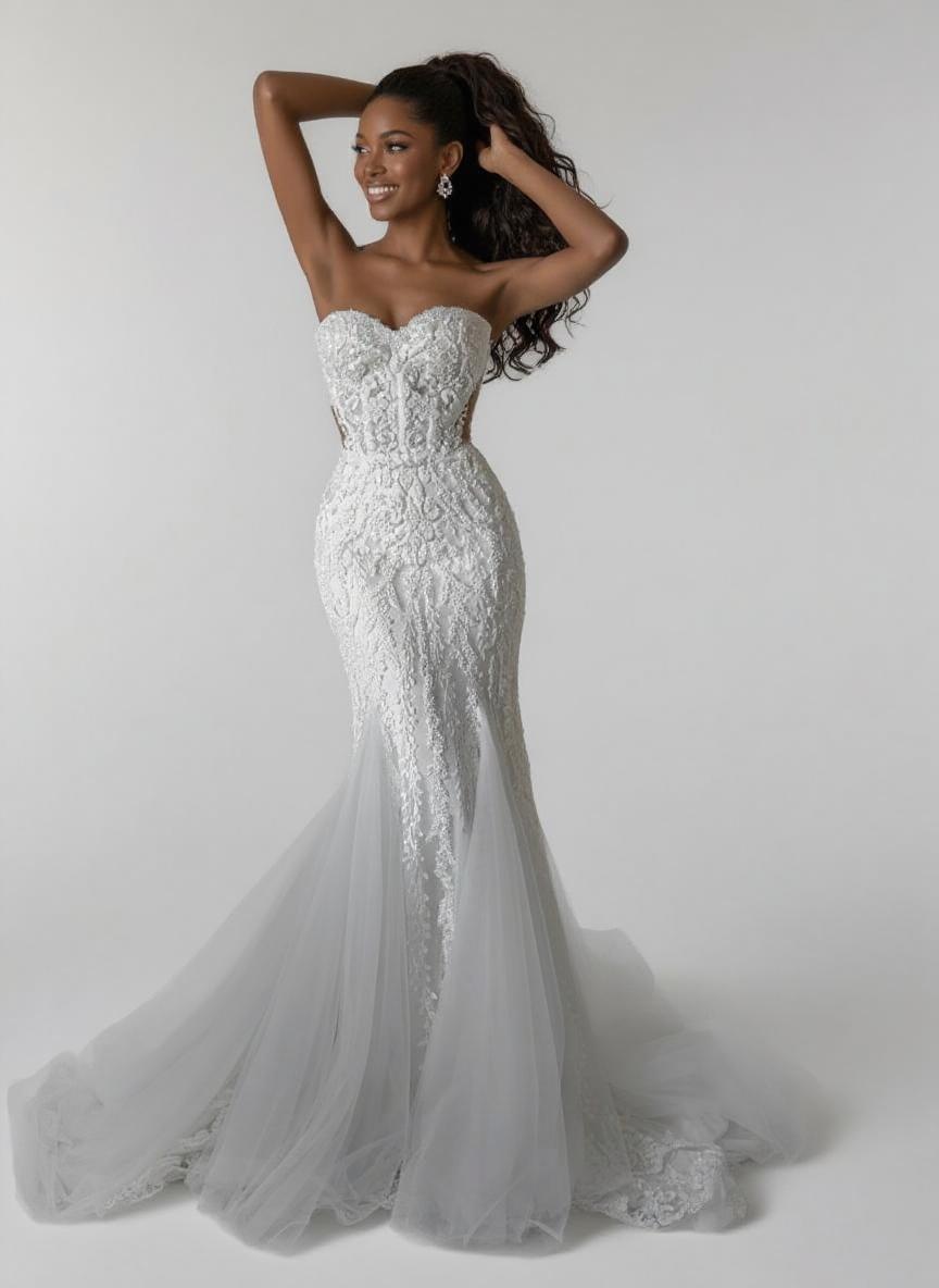 Mermaid style lace designed off the shoulder sleeveless bridal gown