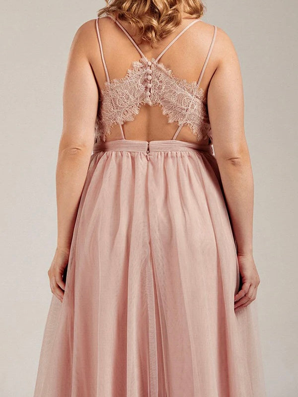 Spaghetti straps Chiffon floor length lace designed back party and prom dress