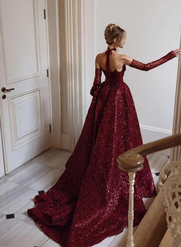 Luxurious Burgundy Split Beaded off the shoulder full sleeve formal party dress