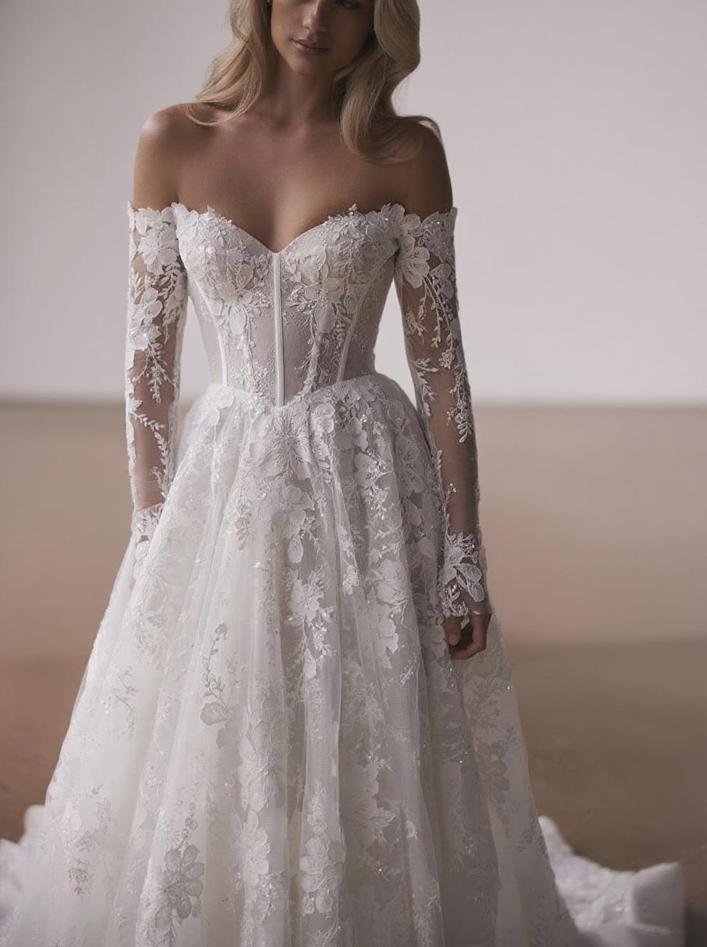 Chapel length off the shoulder floral lace design full sleeve excotic bridal dress