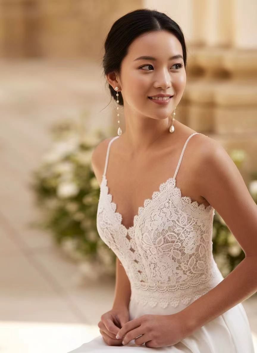 Court train length deep v neck wedding dress