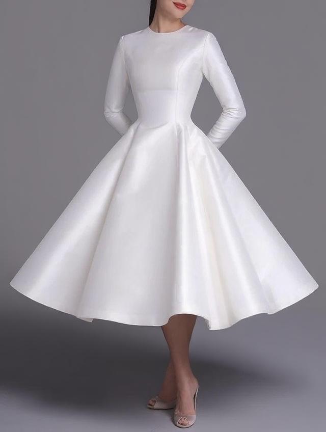 Satin long sleeve covered high round neck pure white plain formal party dress
