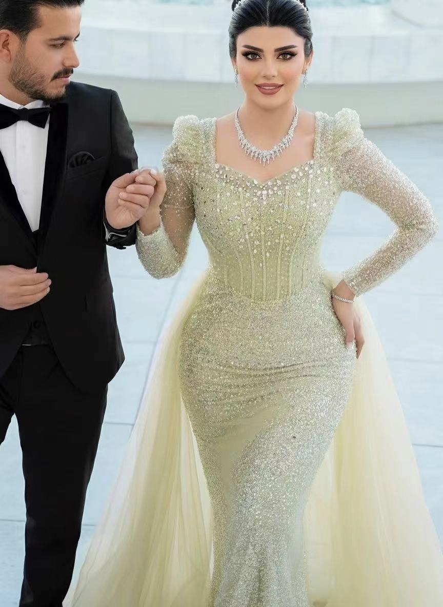 Sequined panel train long sleeves square neck gorgeous bridal dress