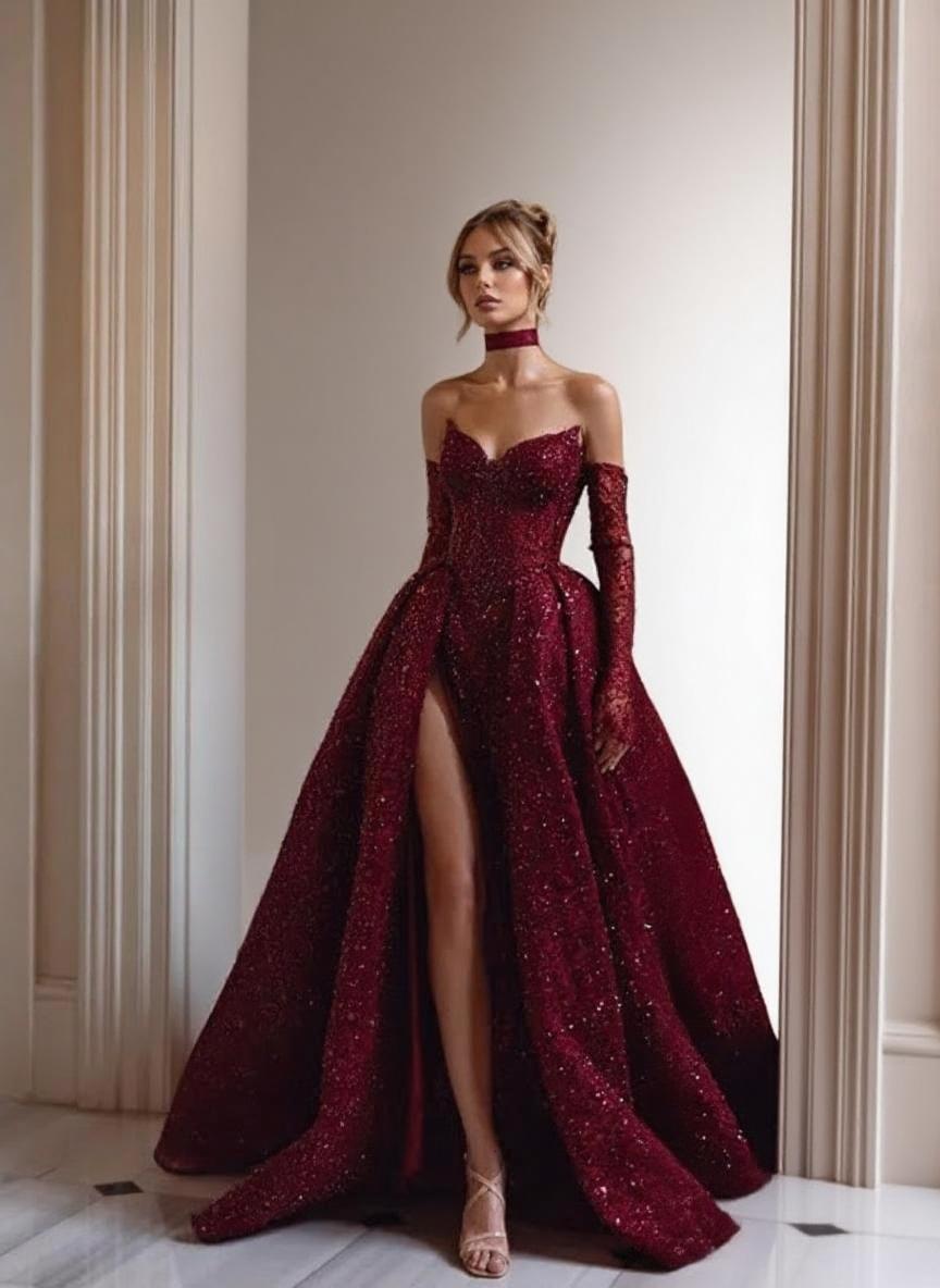 Luxurious Burgundy Split Beaded off the shoulder full sleeve formal party dress