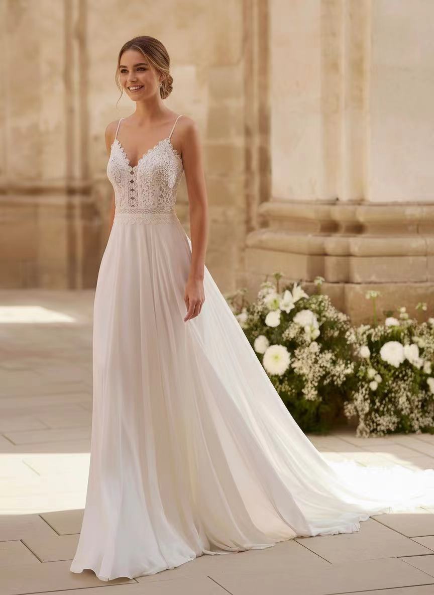 Court train length deep v neck wedding dress