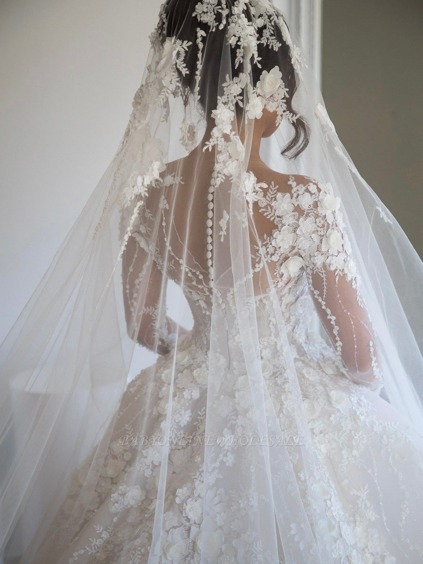 Cathedral length Floral lace style v neck long sleeve floor length bridal dress with veil