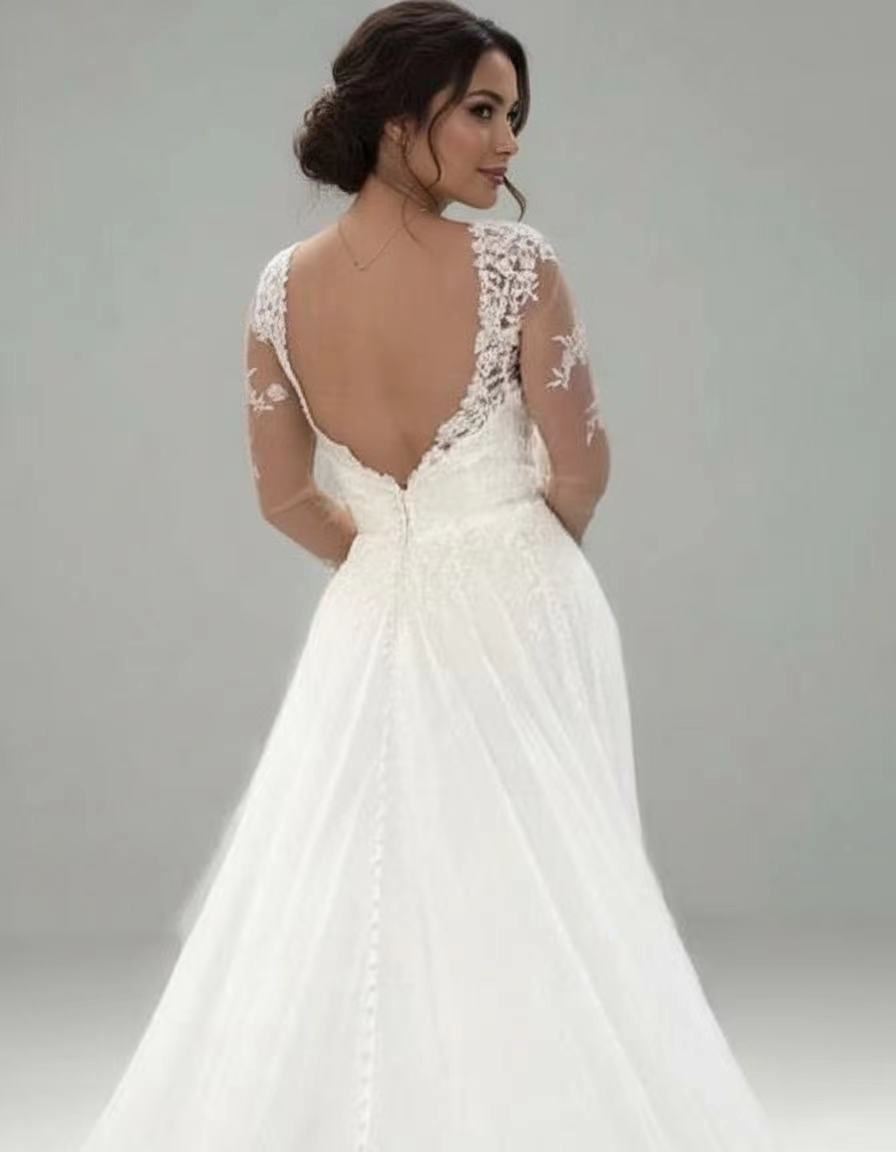 Cathedral length Lace and Chiffon full sleeve V neck backless bridal dress