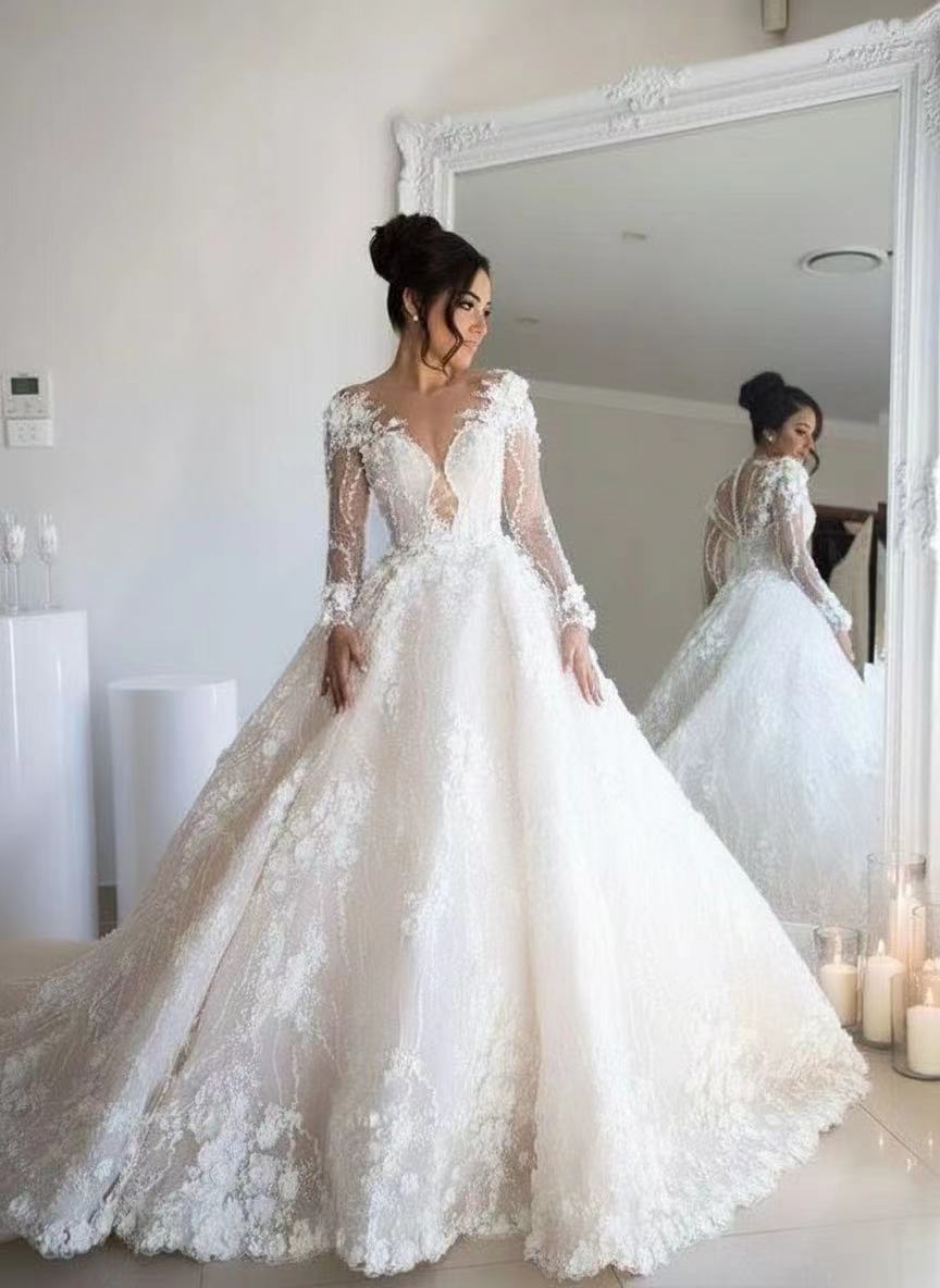 Cathedral length Floral lace style v neck long sleeve floor length bridal dress with veil