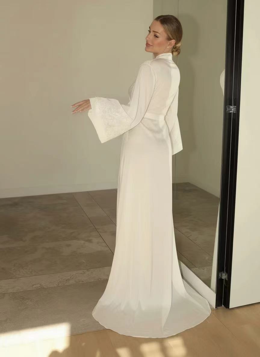 Satin and floral lace long sleeve small v high neck floor length dress
