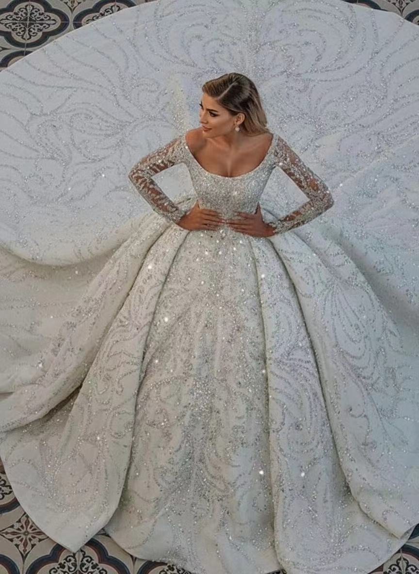 Cathedral length full sleeve round neck sequined gorgeous bridal dress