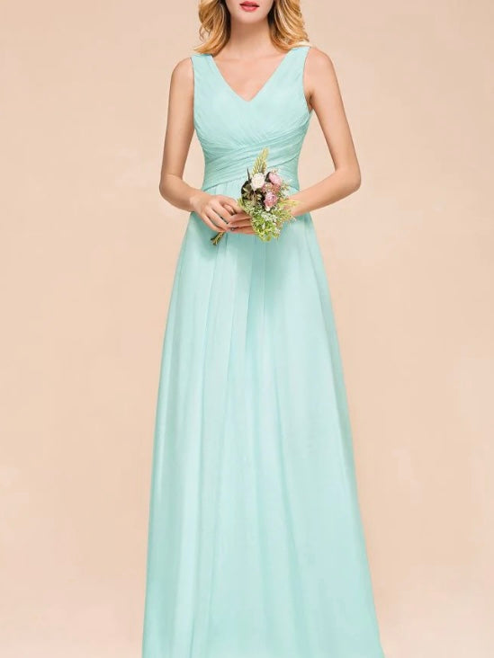 Satin sleeveless floor length V neck bridal party and prom dress