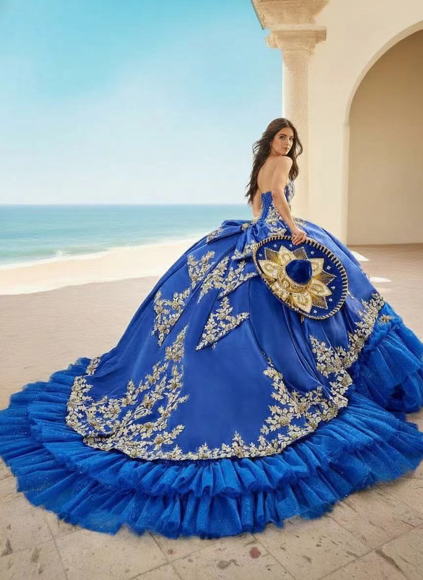 Gorgeously designed royal blue chapel length off the shoulder sleeveless ball gown
