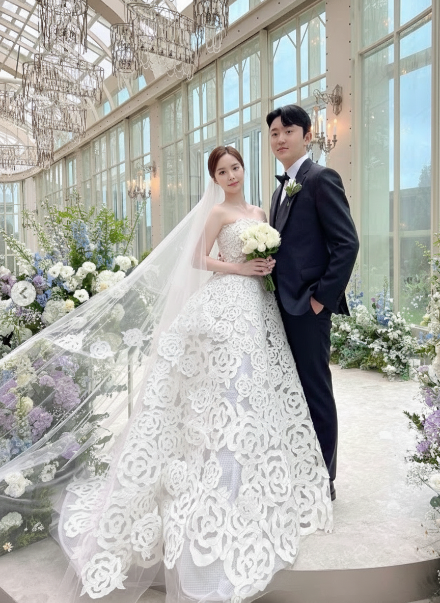 Stunning floral design lace off the shoulder floor length with veil bridal gown