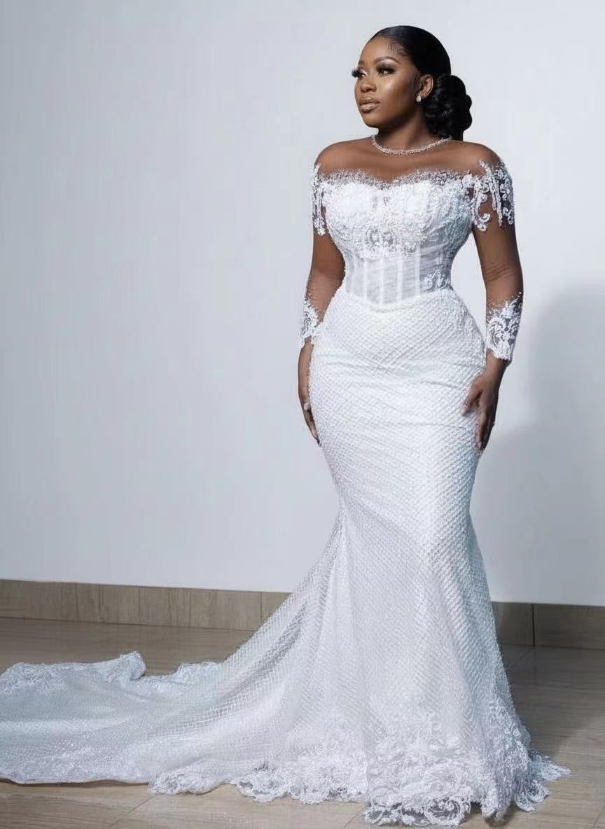 off the shoulder mermaid style chapel length lace bridal dress