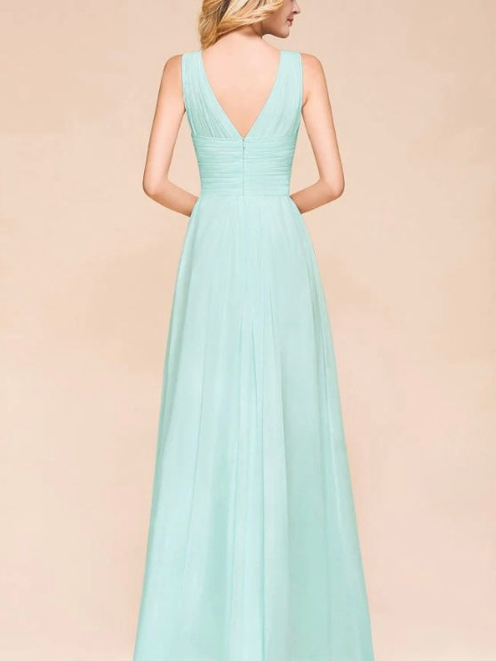 Satin sleeveless floor length V neck bridal party and prom dress