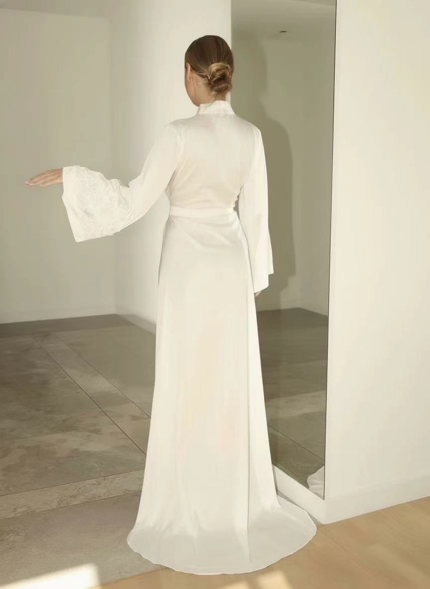 Satin and floral lace long sleeve small v high neck floor length dress