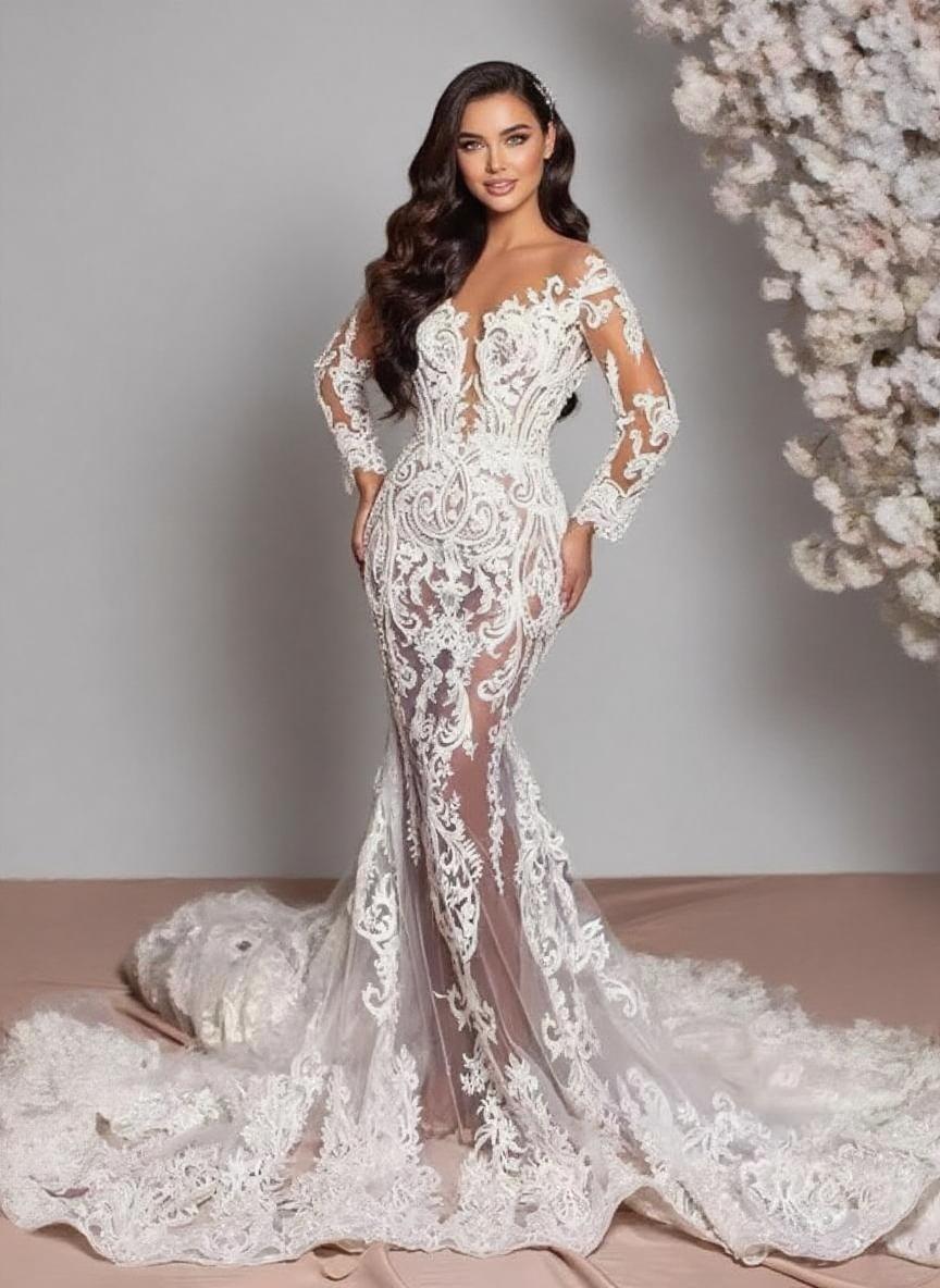 Chapel Length Floral Lace full SLeeve gorgeous bridal dress