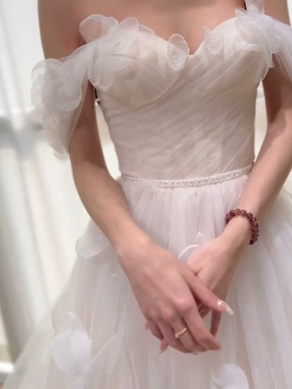 Yarn and lace floral off the shoulder side straps bridal and party gown