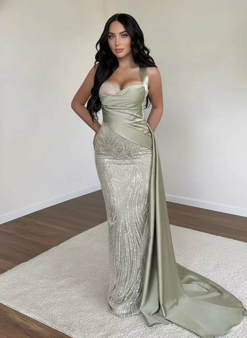 Gorgeous Mermaid style embellished sleevless with Satin Draping party dress