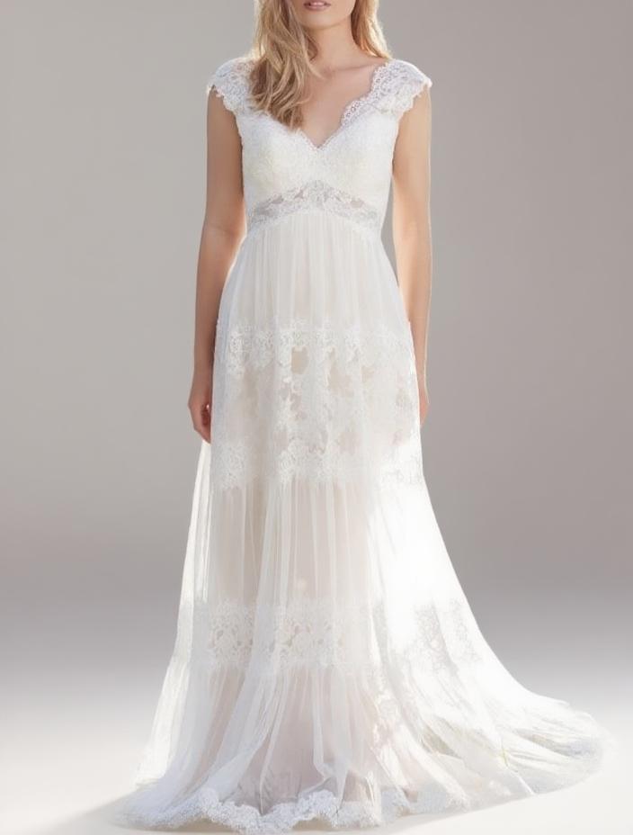 Sweep length pure white lace dress floral design