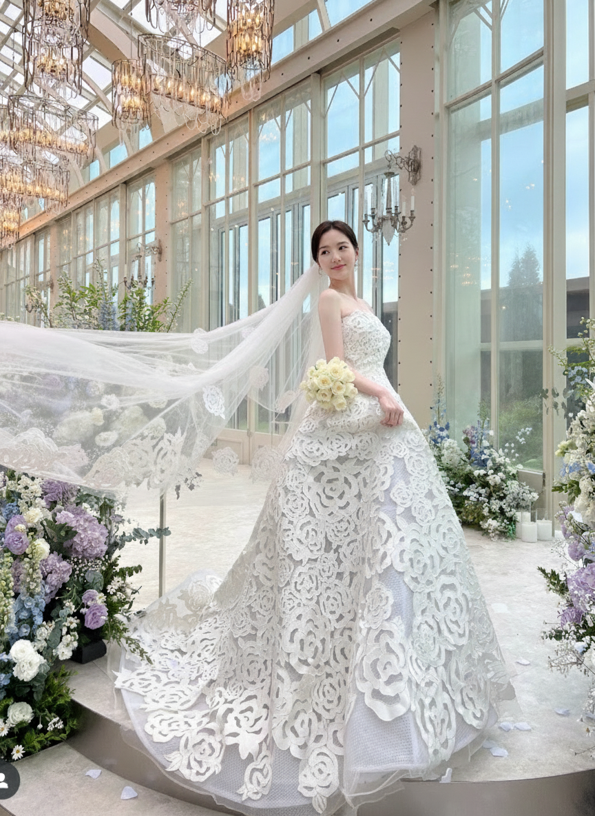 Stunning floral design lace off the shoulder floor length with veil bridal gown