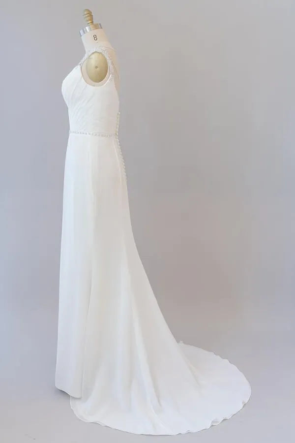 Court length Elegant Ruffle Beading Chiffon Sheath Wedding Dress