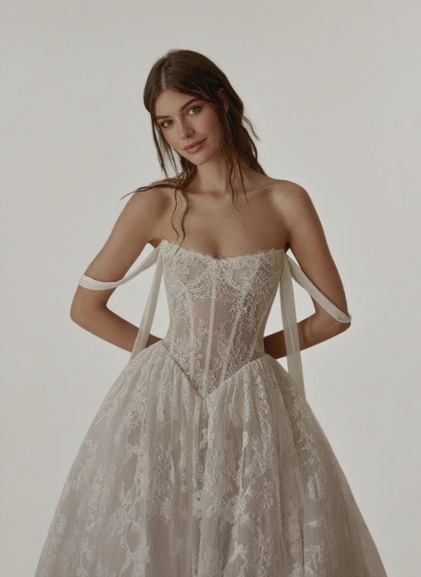 Chapel length off the shoulder floral lace design Bridal excotic dress