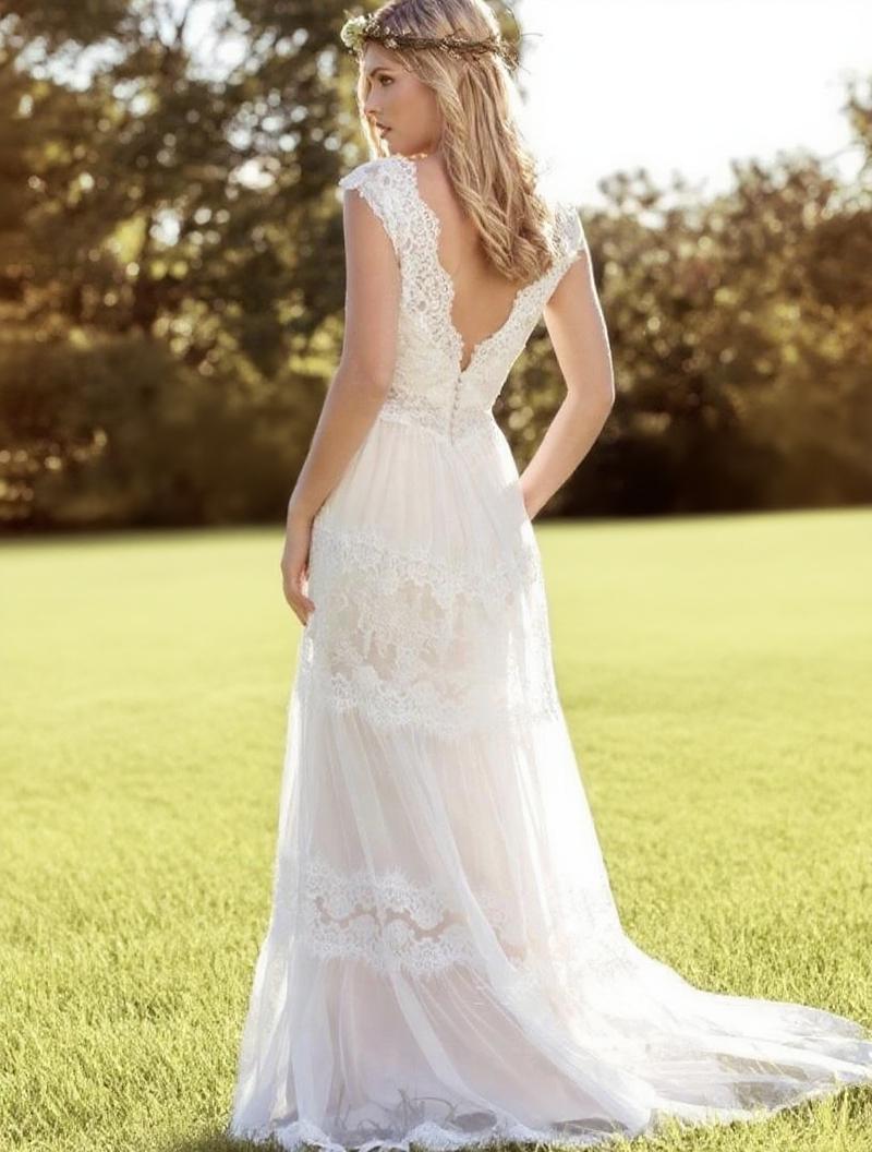 Sweep length pure white lace dress floral design