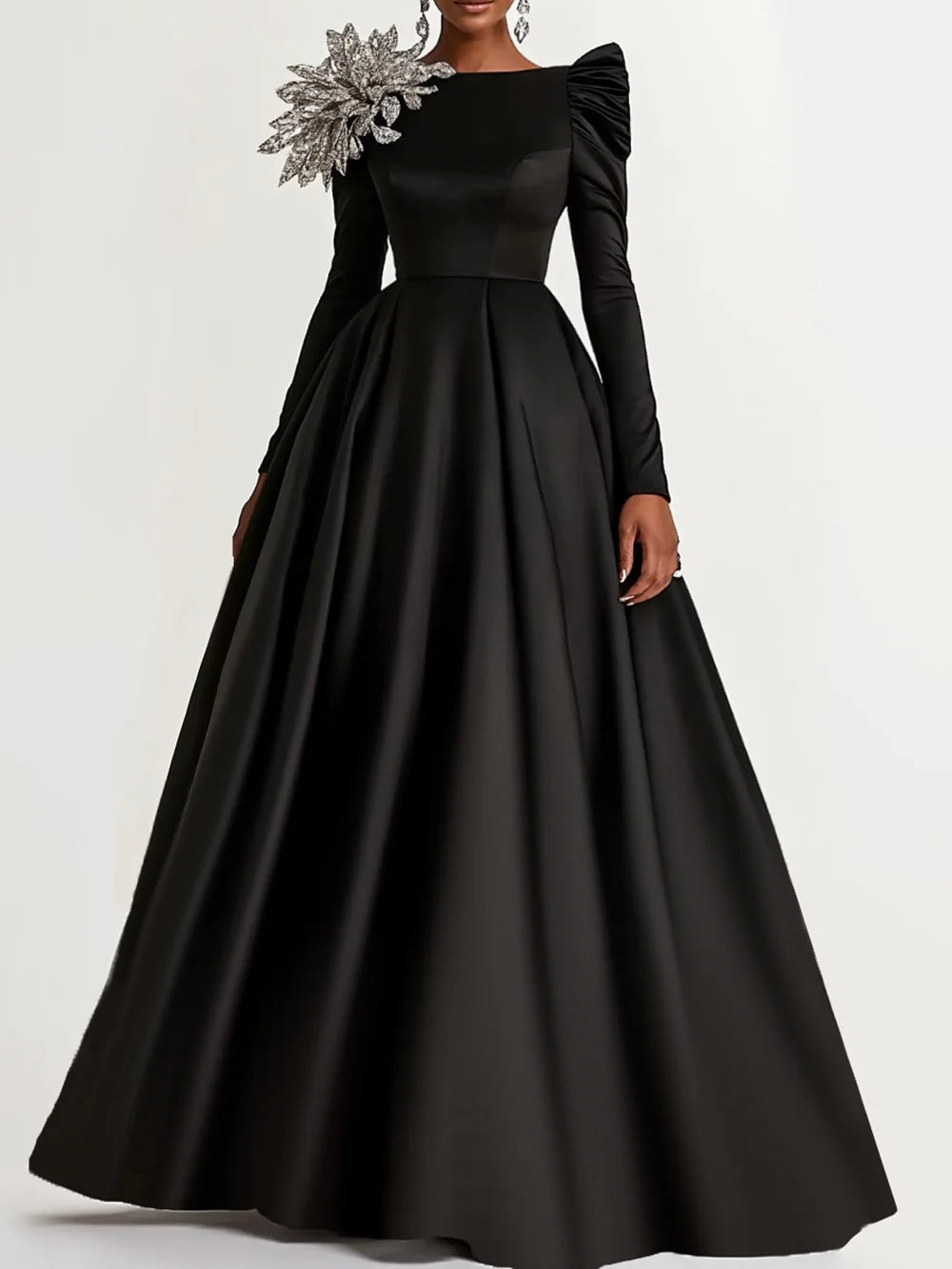 Elegant Satin Unique boat neck full sleeve floor length wedding and formal party dress