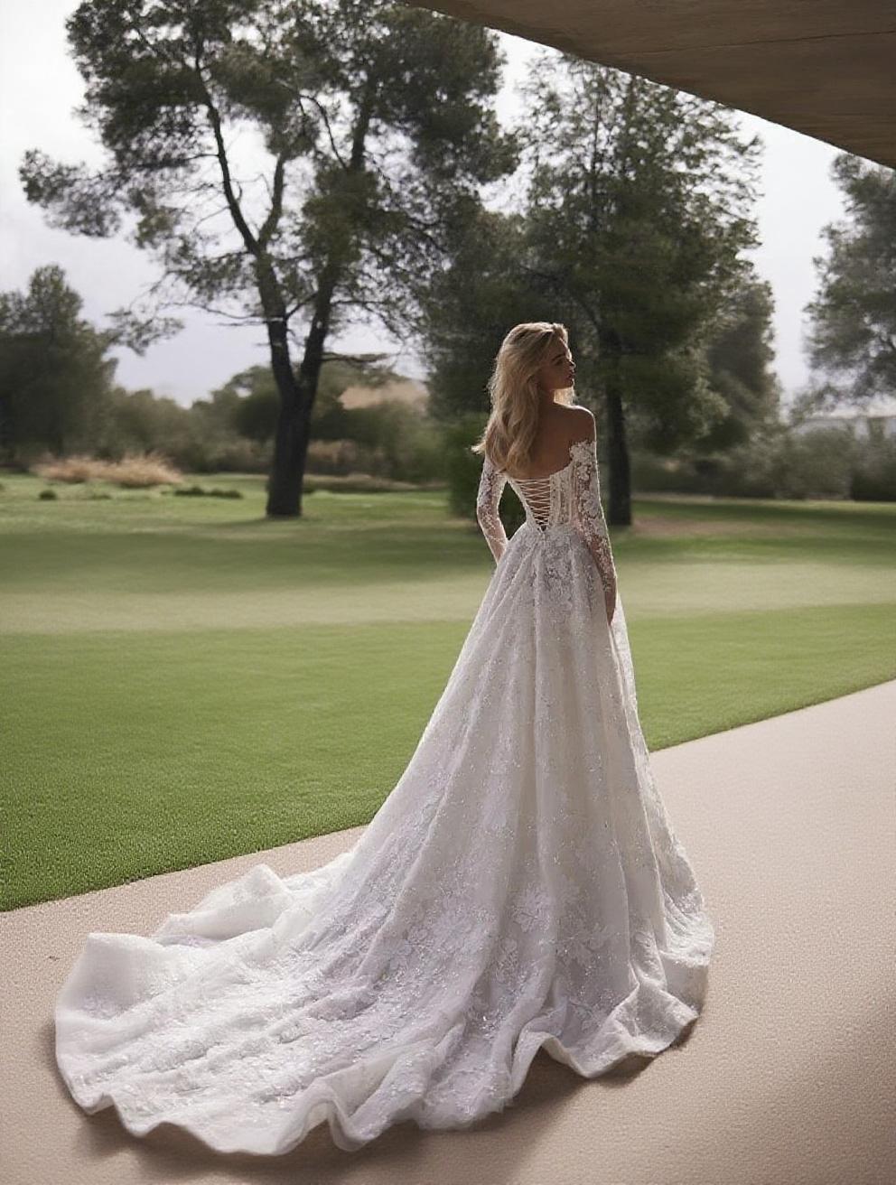 Chapel length off the shoulder floral lace design full sleeve excotic bridal dress