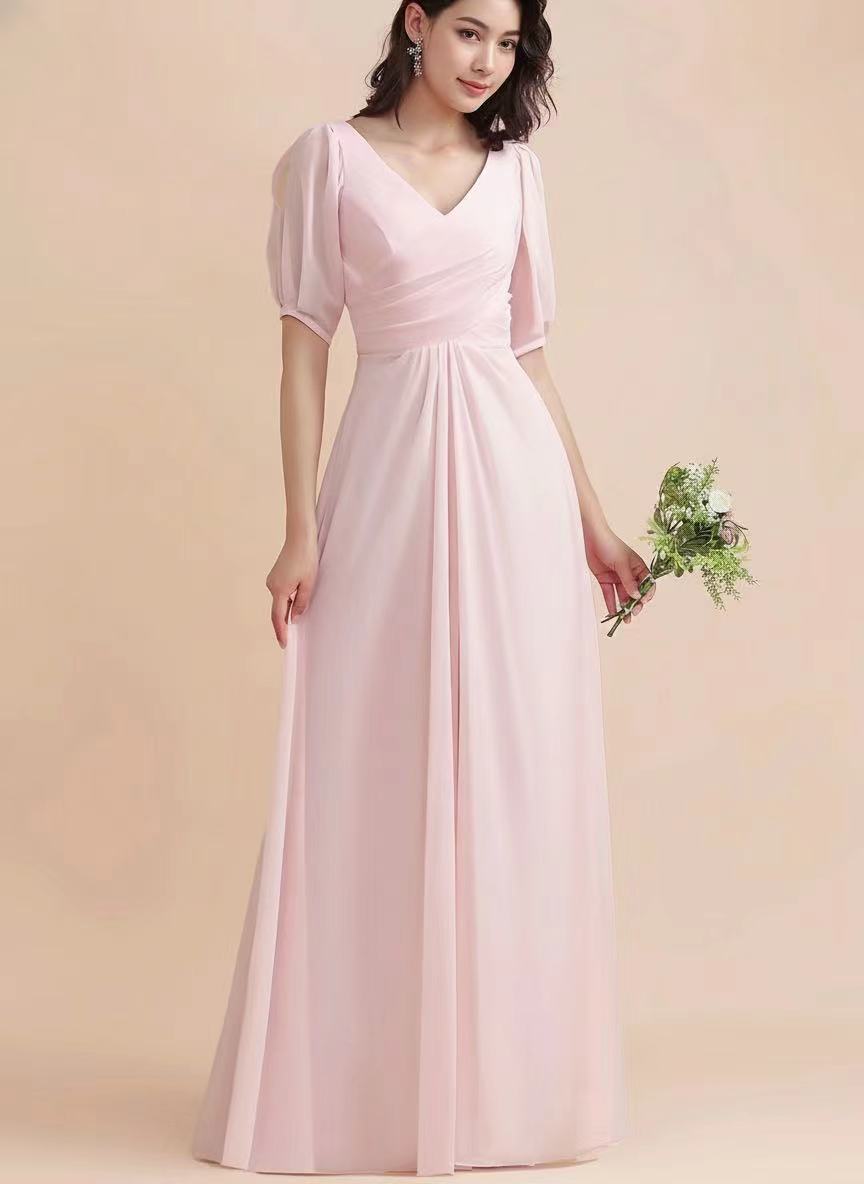 Satin sleeveless floor length V neck bridal party and prom dress pink color