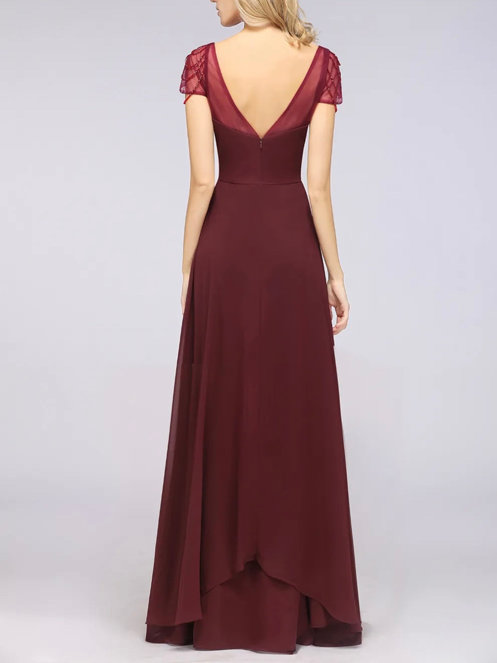 Short sleeve V neck floor length prom and formal party dress