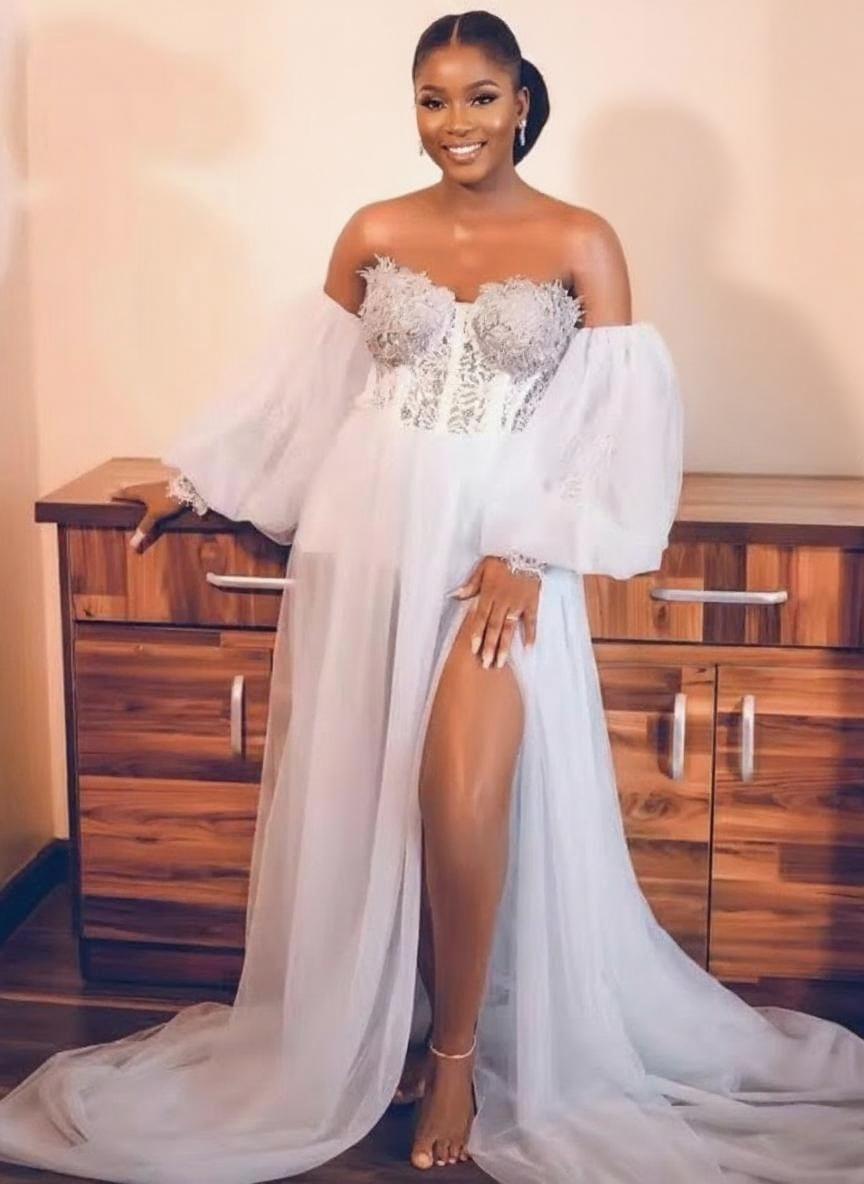 Floor length off the shoulder gorgeous bridal dress