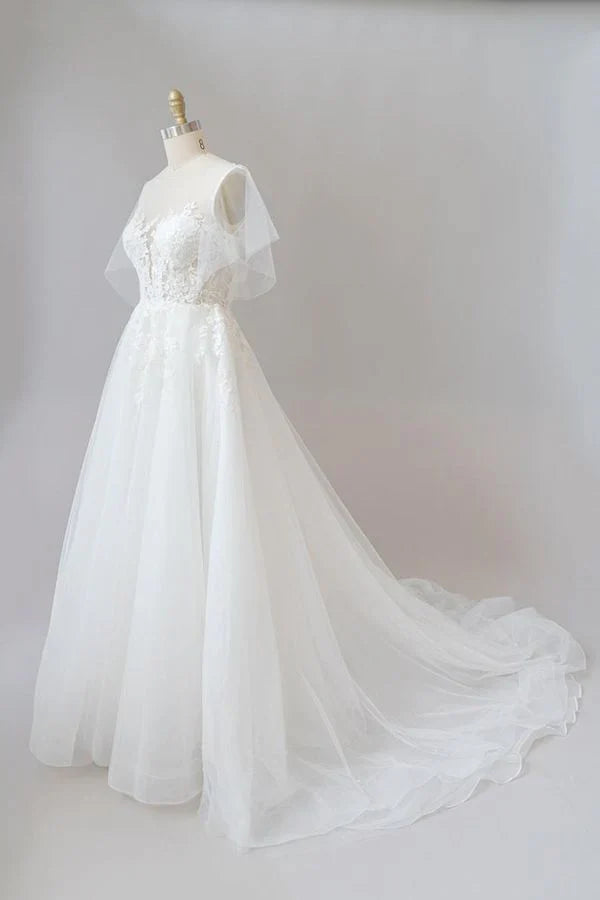 Lace Tulle Short sleeve long A line appliques wedding dress