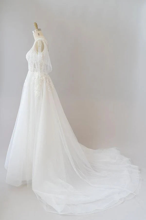 Lace Tulle Short sleeve long A line appliques wedding dress