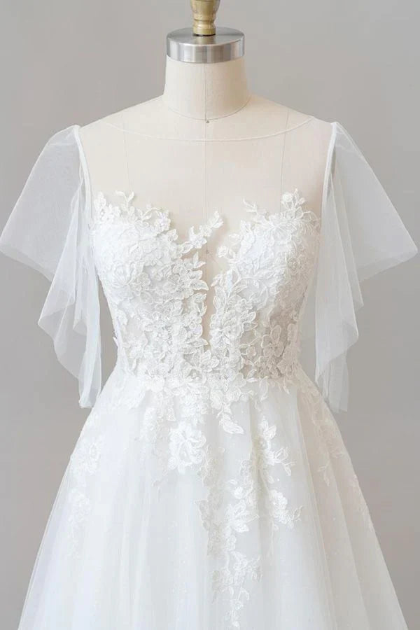 Lace Tulle Short sleeve long A line appliques wedding dress