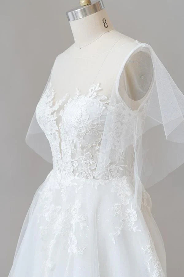 Lace Tulle Short sleeve long A line appliques wedding dress