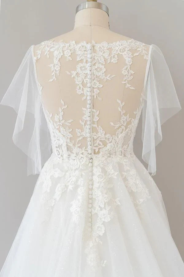 Lace Tulle Short sleeve long A line appliques wedding dress
